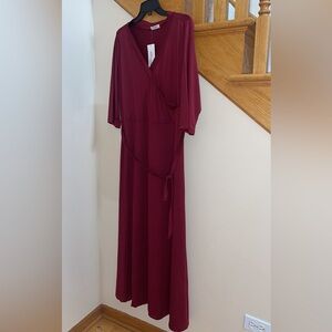 Women’s Dress Plus Size XXL Wine Red 3/4 Sleeves Long Maxi Tie Waist  V Neck NEW